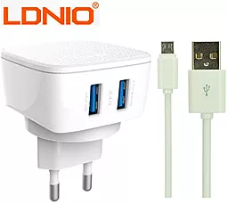 Мережевий зарядний пристрій LDNio DL-AC66 2xUSB 2.4A + кабель micro USB White (DL-AC66)