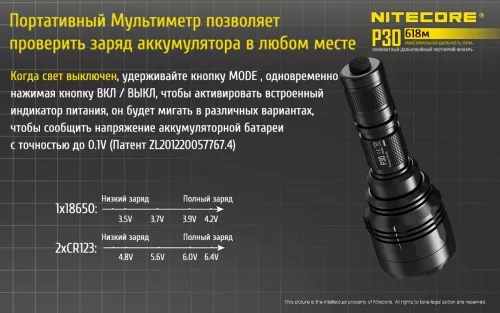Фонарик аккумуляторный Nitecore P30 (Cree XP-L HI V3) (1x18650, 2xRCR123) - фото 18