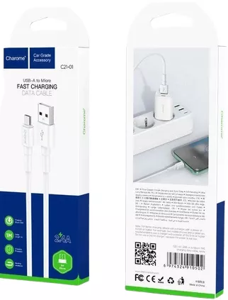 Кабель Charome C21-01 USB-A - micro USB 12w 2.4a 1м cable White - фото 3