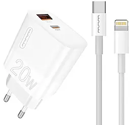 Мережевий зарядний пристрій WUW T83 20w PD USB-C/USB-A ports charger + USB-C to Lightning cable white - фото Мережевий зарядний пристрій WUW T83 20w PD USB-C/USB-A ports charger + USB-C to Lightning cable white