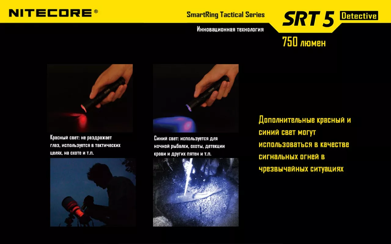 Ліхтарик акумуляторний Nitecore SRT5 Detective (6-1080b) (1x18650, 2xCR123, 2xRCR123) - фото 9