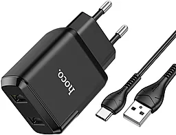 Сетевое зарядное устройство Hoco N7 Speedy 2USB + USB Type-C Cable Black - миниатюра 3