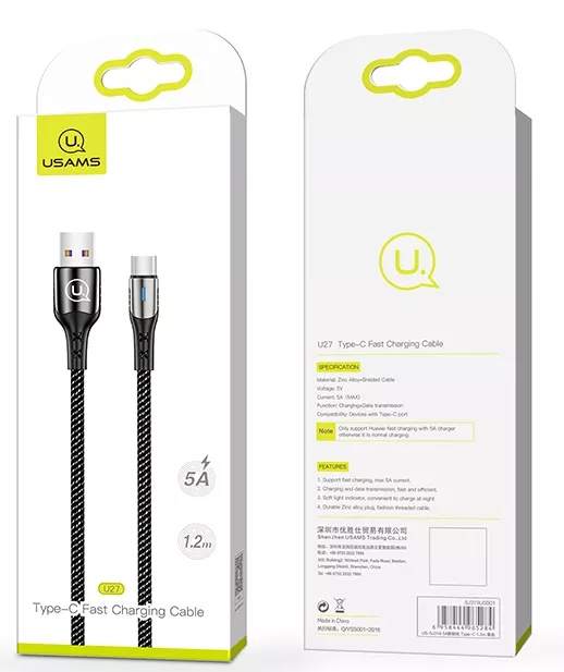 Кабель Usams US-SJ320 U27 USB-A - Type-C 25w 5a 2м cable Black - фото 3