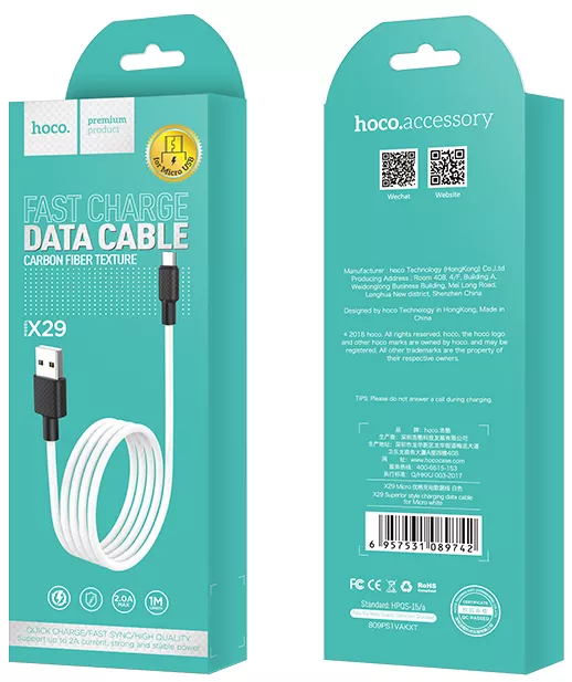 Кабель Hoco X29 Superior Style USB-A - micro USB 10w 1м cable White - фото 5