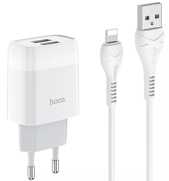Мережевий зарядний пристрій Hoco C73A 2.4a 2xUSB-A ports charger + Lightning cable white - фото 1