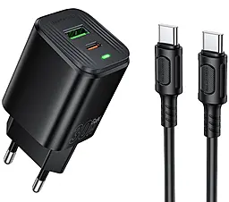 Сетевое зарядное устройство Borofone BAS85A GaN 30w PD/QC3.0 USB-C/USB-A fast charger + USB-C to USB-C cable Black - фото Сетевое зарядное устройство Borofone BAS85A GaN 30w PD/QC3.0 USB-C/USB-A fast charger + USB-C to USB-C cable Black