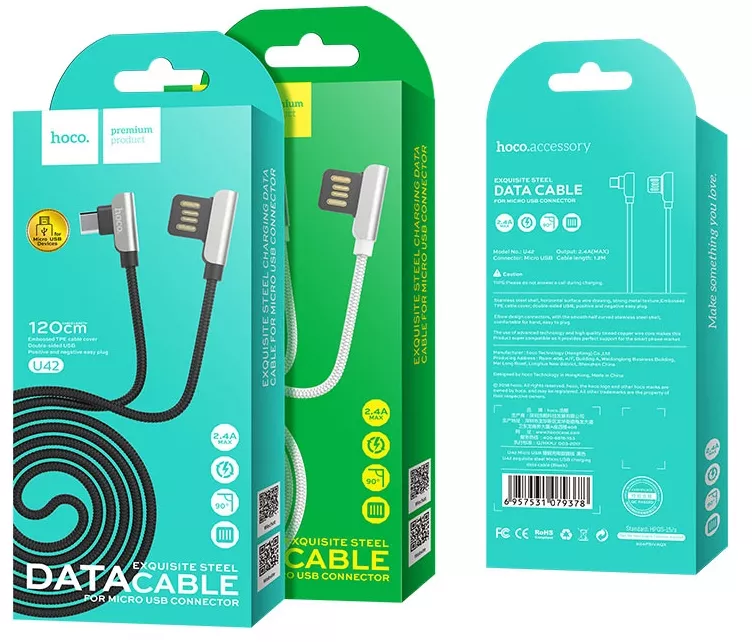Кабель Hoco U42 Exquisite Steel USB-A - micro USB 12w 2.4a 1.2м cable Black - фото 5