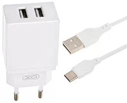 Сетевое зарядное устройство XO L75 2.4a 2xUSB-A ports charger + USB-C cable white - фото Сетевое зарядное устройство XO L75 2.4a 2xUSB-A ports charger + USB-C cable white