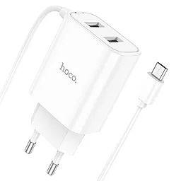 Сетевое зарядное устройство Hoco C103A 2.1A 2xUSB Ports + micro USB Cable White