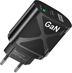 Мережевий зарядний пристрій з швидкою зарядкою AC Prof 65w GaN PD USB-C/USB-A ports fast charge black (BK390
