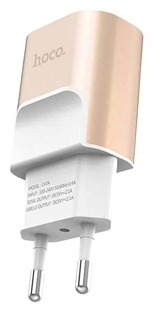 Сетевое зарядное устройство Hoco C47A 2.1a 2xUSB-A ports charger gold - фото 2