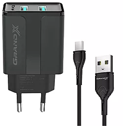 Сетевое зарядное устройство Grand-X 2.4A 2xUSB-A ports home charger + USB-C cable black (CH-15T)