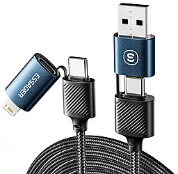 USB PD Кабель Essager 65W 3A 0.3M  4-in-1 USB-C+A to USB Type-C/Lightning cable blue