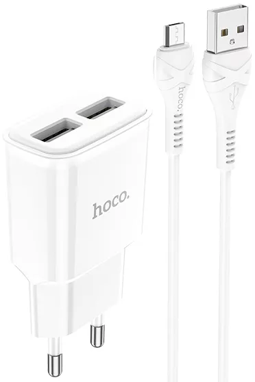 Сетевое зарядное устройство Hoco C88A 2.4a 2xUSB-A ports charger + micro USB cable white - фото 1