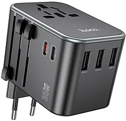 Сетевое зарядное устройство Hoco AC19 PD GaN 3xUSB-A/2xUSB-C port travel chaeger + soket black - фото Сетевое зарядное устройство Hoco AC19 PD GaN 3xUSB-A/2xUSB-C port travel chaeger + soket black