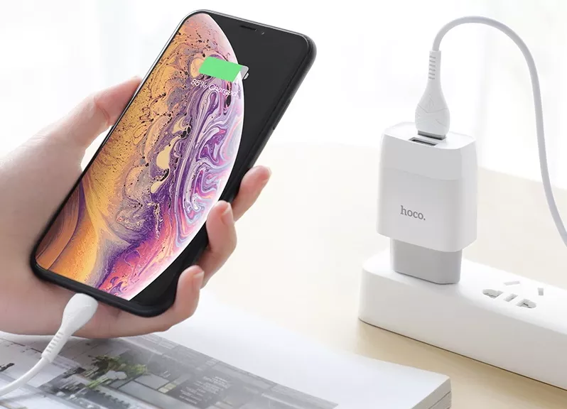 Мережевий зарядний пристрій Hoco C73A 2.4a 2xUSB-A ports charger + Lightning cable white - фото 8