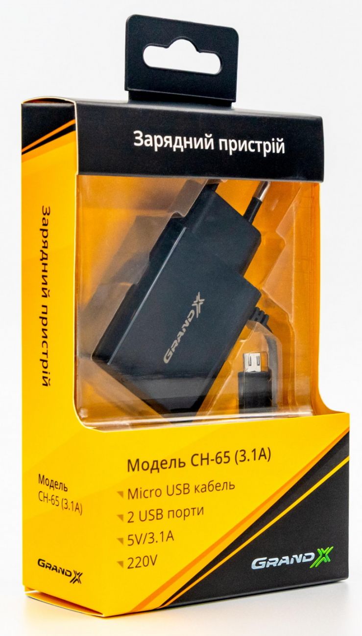 Сетевое зарядное устройство Grand-X 5V 3,1A 2USB + micro USB Black (CH-65B)