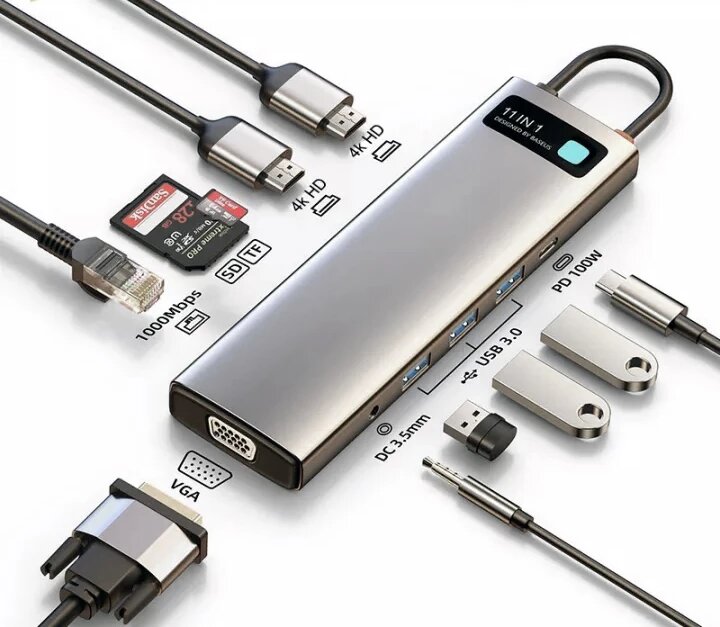 USB Type-C концентратор (хаб) Baseus Metal Gleam 11-in-1 Multifunctional Type-C HUB Gray (CAHUB-CT0G) / зображення №1