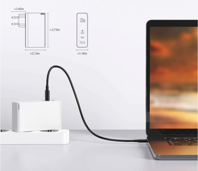 Сетевое зарядное устройство Baseus GaN Mini 2xUSB Type-C/USB Port + Type-C Cable 120W White (CCGAN-J02) / изоборажение №1