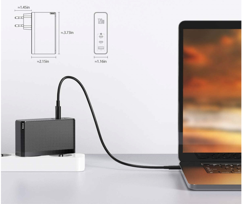 Сетевое зарядное устройство Baseus GaN Mini 2xUSB Type-C/USB Port + Type-C Cable 120W Black (CCGAN-J02) / изоборажение №1