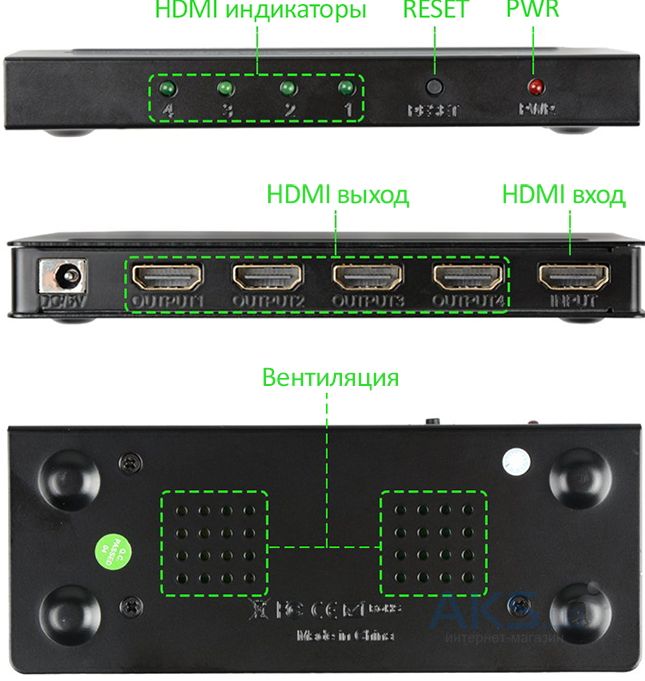 Видеосплиттер PowerPlant HDMI М-М 1x4 V1.4 4K Black (HDSP4-M/CA911509) / изоборажение №1