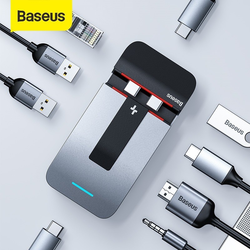 Концентратор (USB хаб) Baseus Armor Age Multifunctional Adapter USB Type-C - 2xUSB 3.0, 3xUSB Type-C, 1xRJ45, 1xUSB 2.0, 1x HDMI, 1xAUX3.5 Silver (CAHUB-AJ0G) / изоборажение №1
