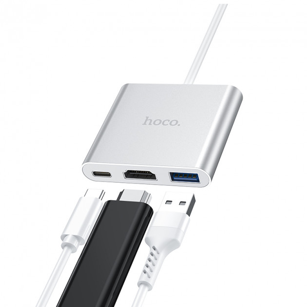 Концентратор (USB-HUB) Hoco HB14 Easy use USB Type-C to 1xUSB3.0, 1xHDMI, 1xPD 3A 67W 0.15м White / зображення №1