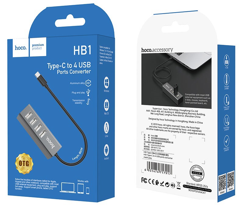 Концентратор (USB-HUB) Hoco HB1 Hub USB Type-C — 4xUSB 2.0 Tarnish / зображення №3