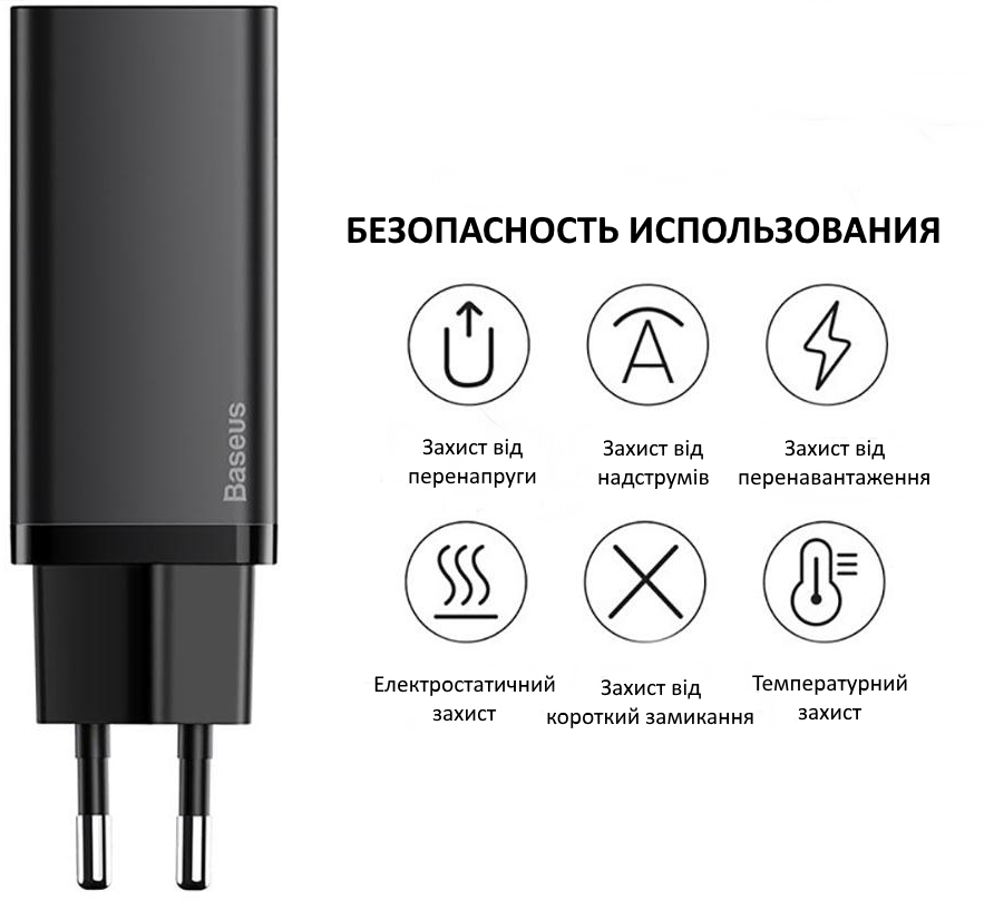 Мережевий зарядний пристрій з підтримкою швидкої зарядки Baseus GaN2 Lite Quick ChargerC+U 65W EU Black (CCGAN2L-B01) / зображення №1